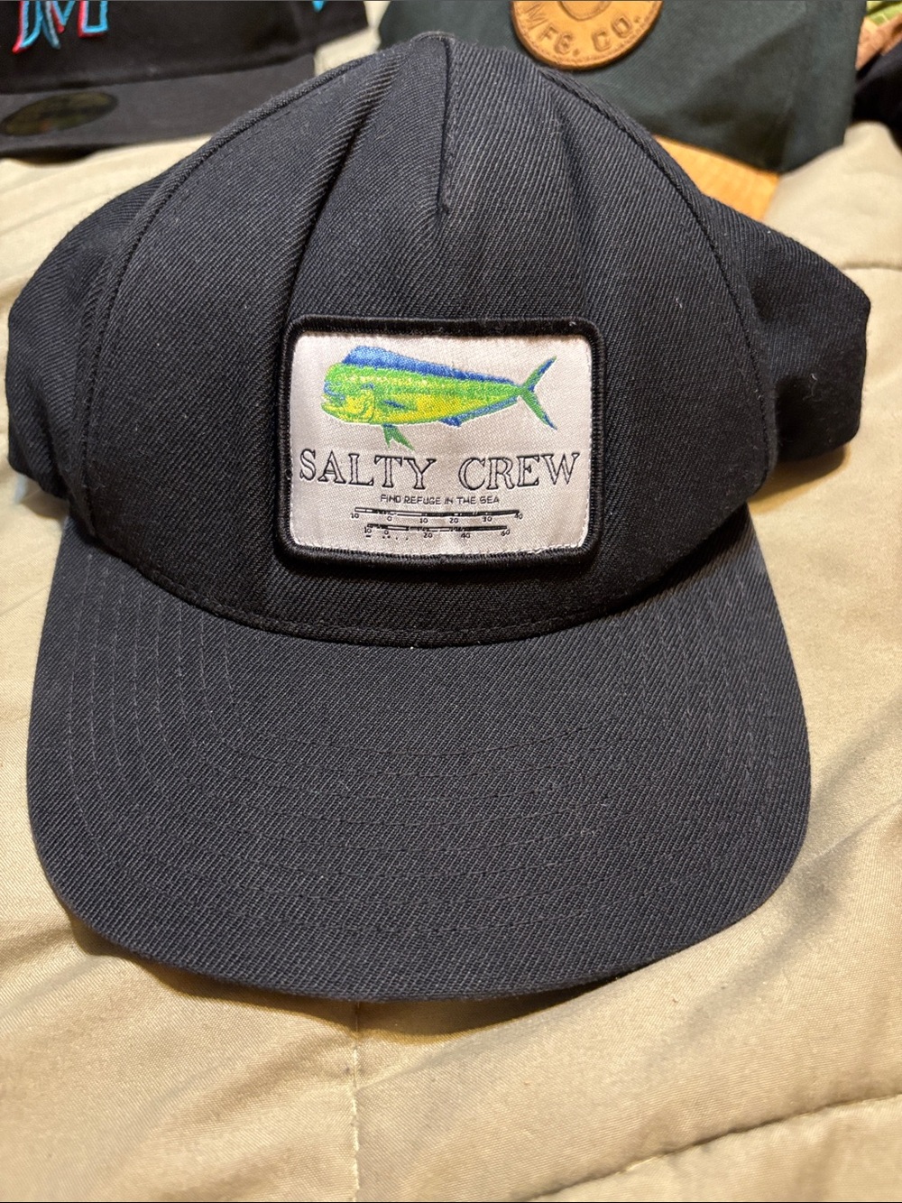 Salty Crew Black Cap with Blue-Green Fish Patch